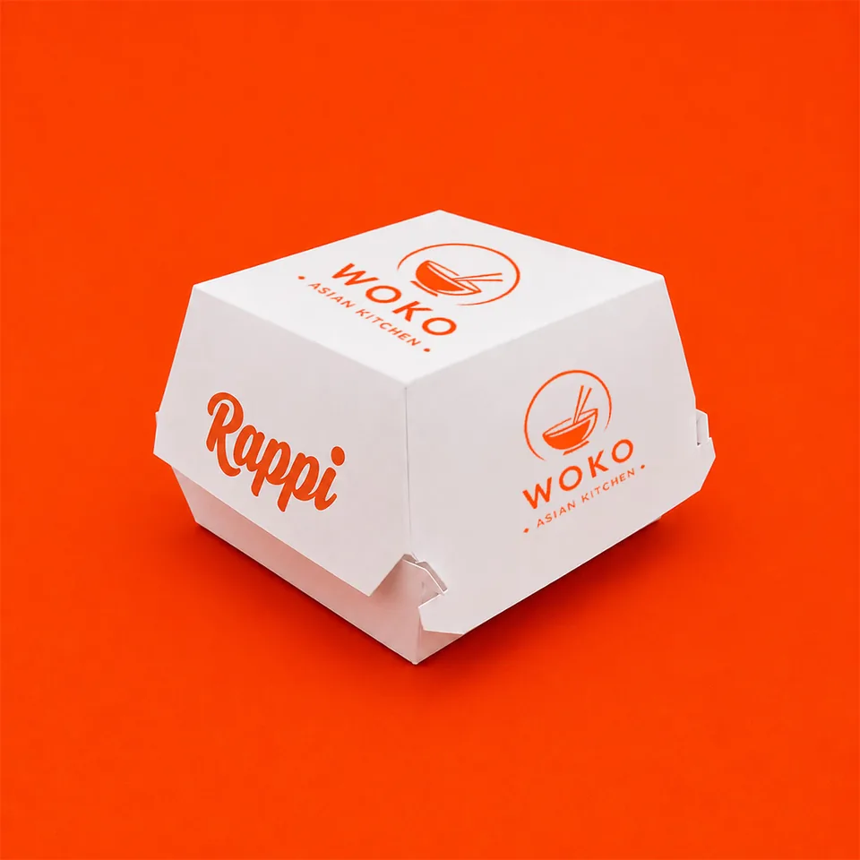 Hamburguesa Clamshell, multipapel biodegradable con recubrimiento interior para hamburguesas, papas, alitas. Vista 3