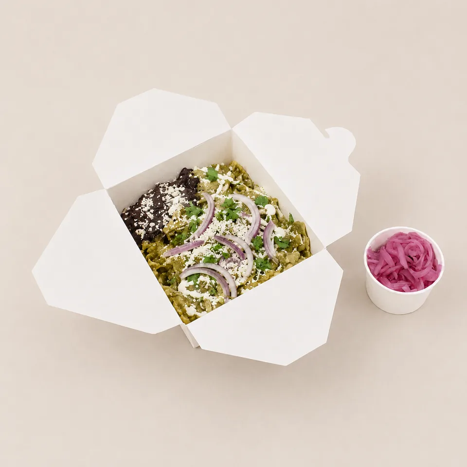 Pagoda Horizontal, multipapel biodegradable con recubrimiento interior para tacos, tamales, chilaquiles. Vista 2